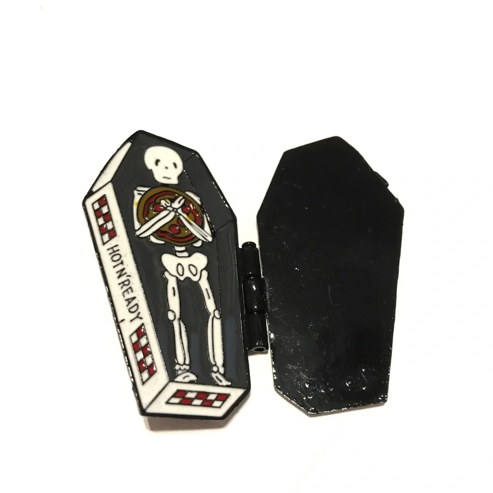 Pizza Coffin Skeleton Pin NEW Rest in Pizza Brooch Halloween Opening Hot n Ready